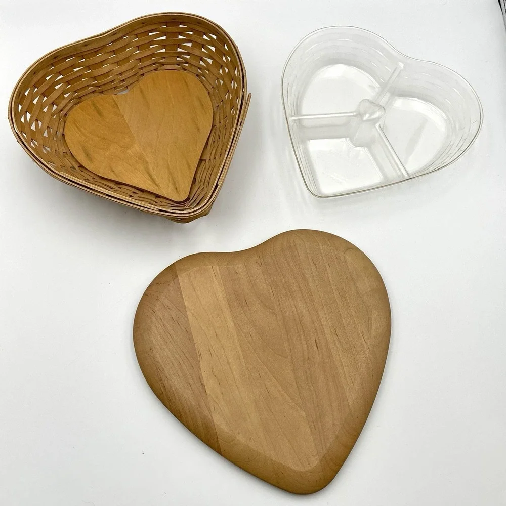 Vintage 2004 Longaberger Heart Basket Set With Lid & Protector Woodcrafts USA